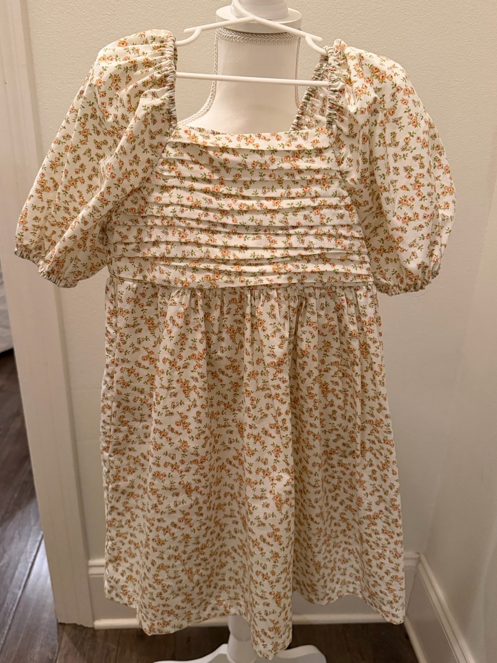 Copper Key Cream Dress with Orange Floral Print and Puff Sleeves